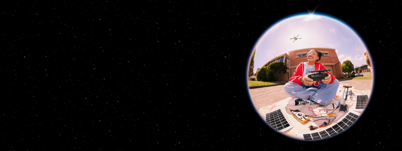 Student operating a solar powered drone